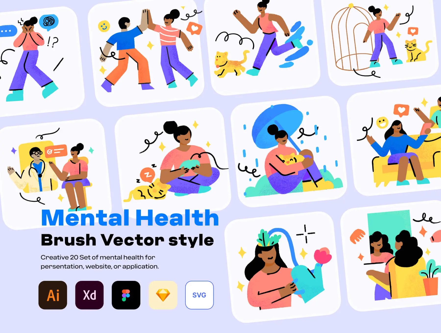 Mental Health – Brush Vector Illustration 20幅心理健康咨询机构商业项目演示矢量插图插画webp面抠图设计素材