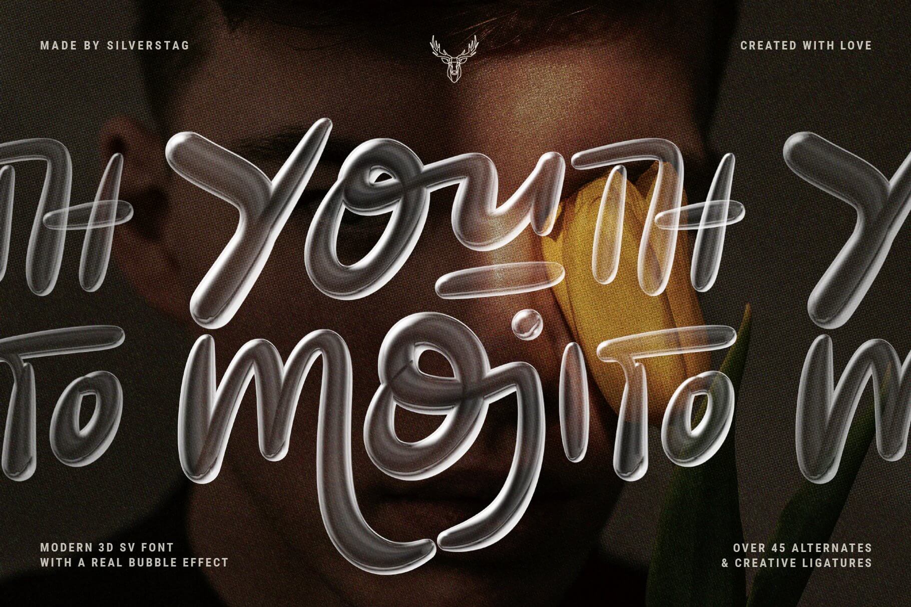 YOUTH MOJITO – A 3D Bubbly SVG Font 潮流时尚透明3D立体气泡POP广告创意海报封面标题艺术英文字体包