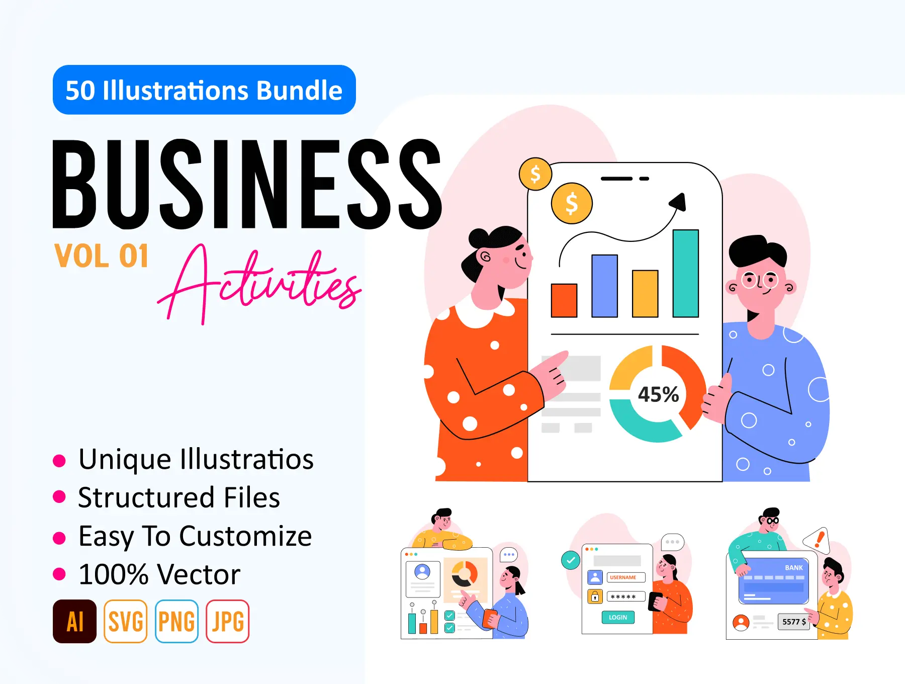 50 Business Activities Illustrations 50幅商业项目介绍演示卡通扁平矢量插图插画设计素材webp免抠图片