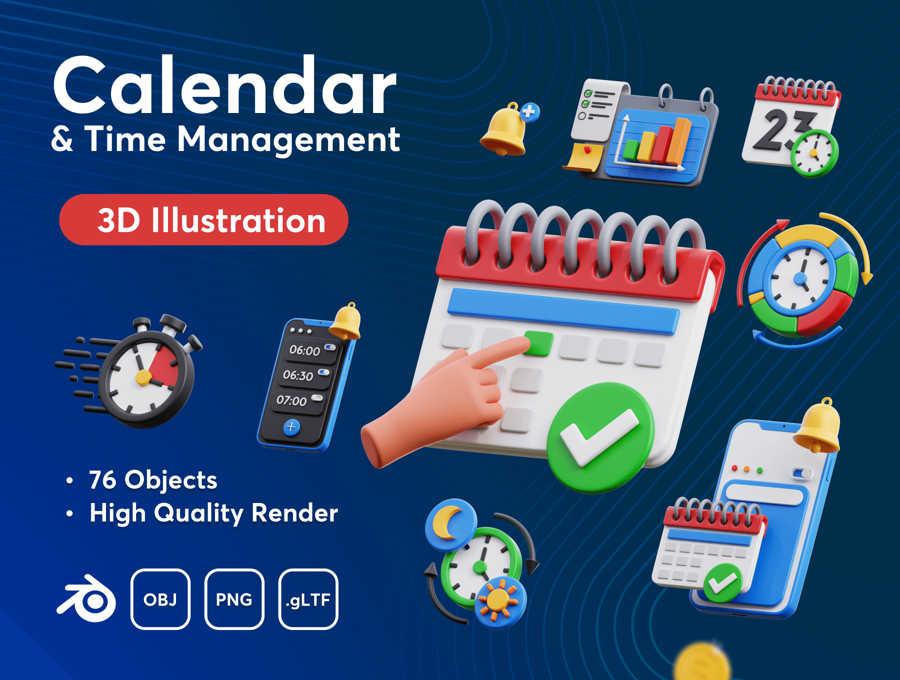 Calendar & Time Management 3D Icon Set 3D立体卡通日历计划效率时间日程管理icon图标png免抠图片素材