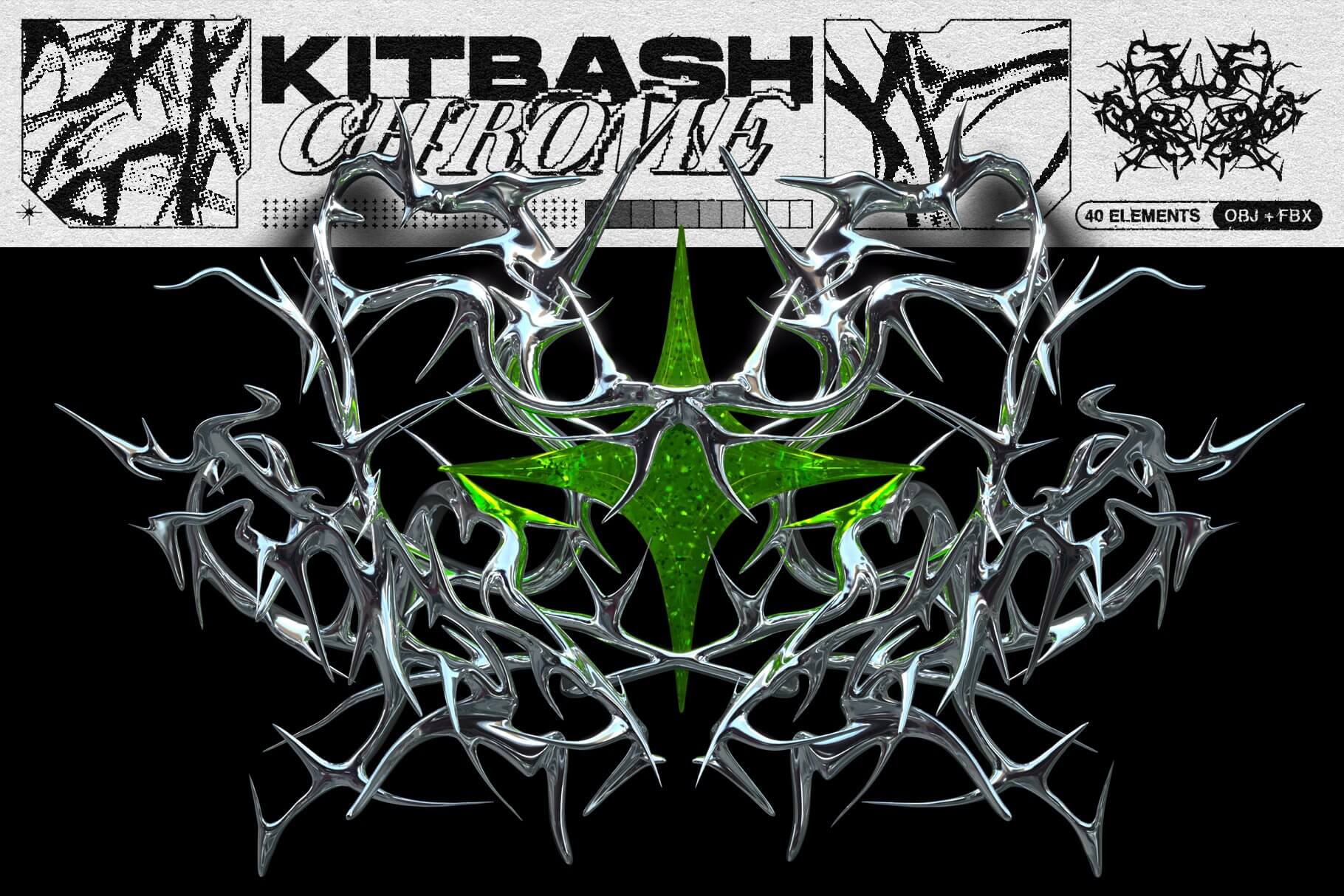 Chrome Style Kitbash 40款潮流酸性金属镀铬荆棘毛刺抽象几何图形3D模型设计素材源文件