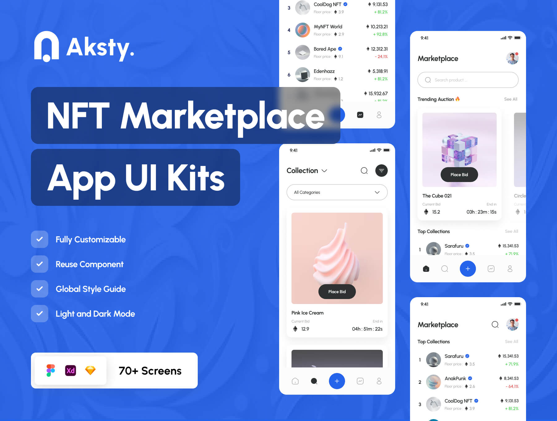 Aksty. – NFT Marketplace UI Kit + App 70+屏NFT区块链数字加密货币市场应用用户界面app设计UI套件模板