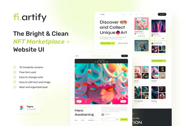 Artify – bright, clean nft marketplace 12屏NFT数字珍藏品交易平台网站网页界面设计ui套件模板