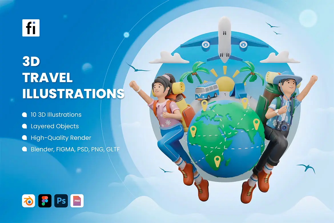 3D Travel Illustrations 趣味3D卡通户外旅行徒步露营野炊人物插图插画webp免抠图片素材