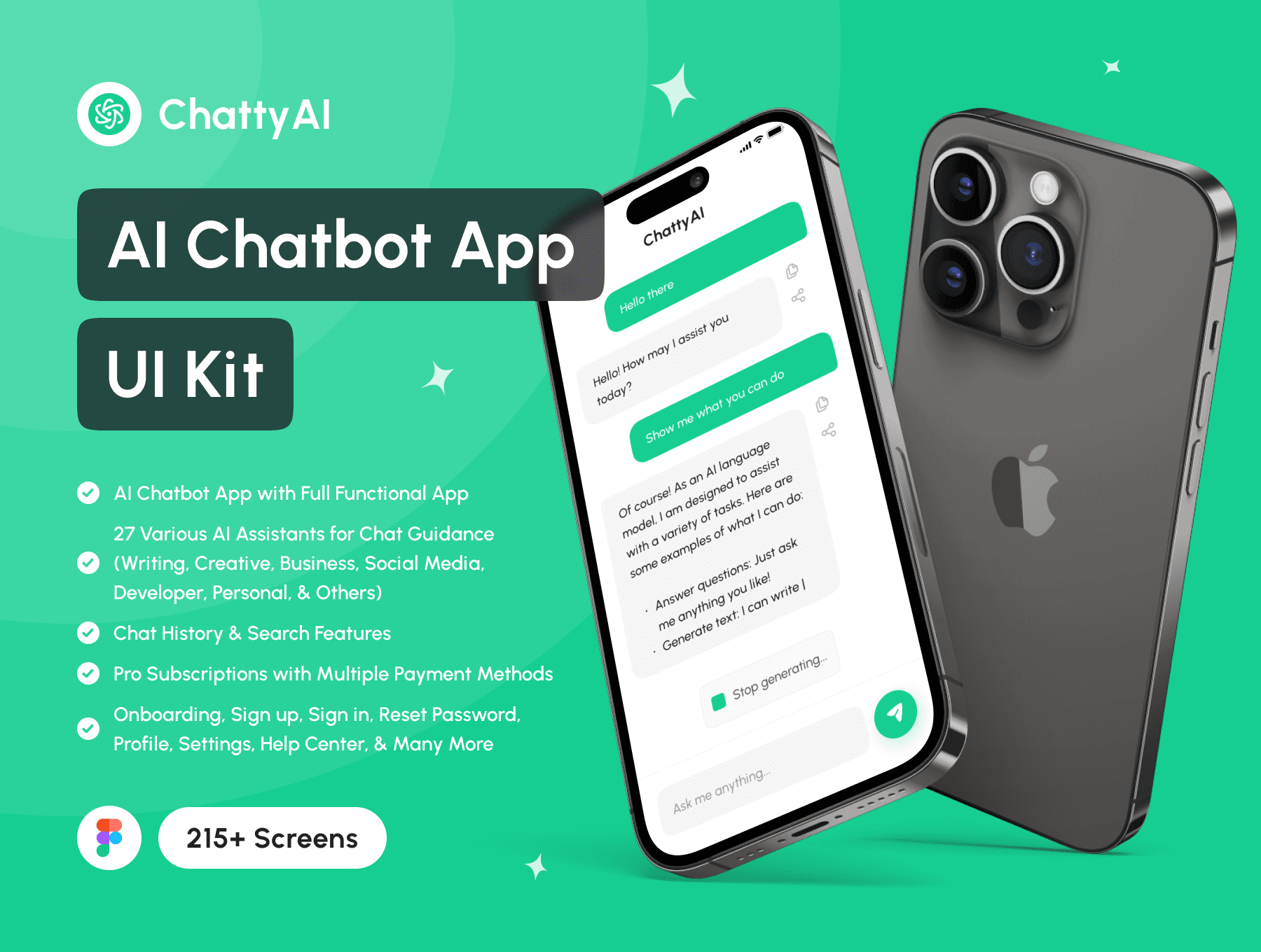 ChattyAI – AI Chatbot App UI Kit 215屏国外人工智能Ai对话聊天app用户界面设计ui套件模板