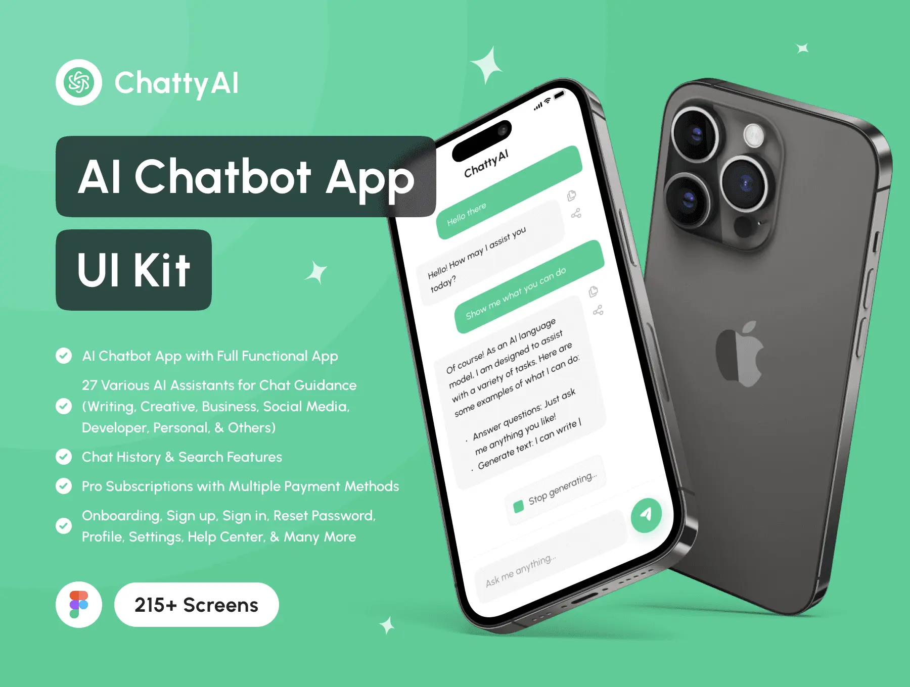 ChattyAI – AI Chatbot App UI Kit 215屏国外人工智能Ai对话聊天app用户界面设计ui套件模板