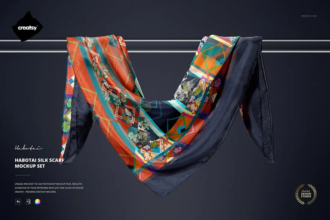 Habotai Silk Scarf Mockup Set  6款雪纺真丝围巾方巾丝巾印花图案设计贴图ps样机素材展示效果图