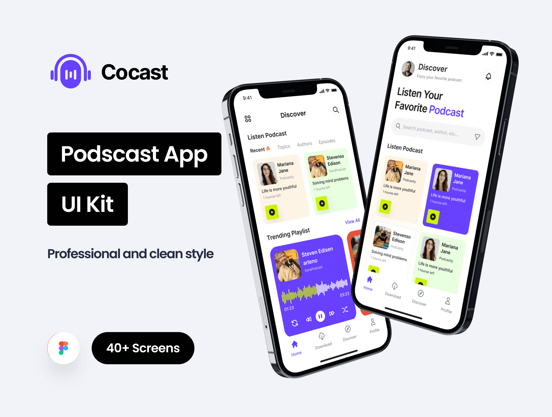 Corecast – Podcast App UI Kit  40屏国外移动播客声音直播应用社交app界面设计紫色ui套件模板