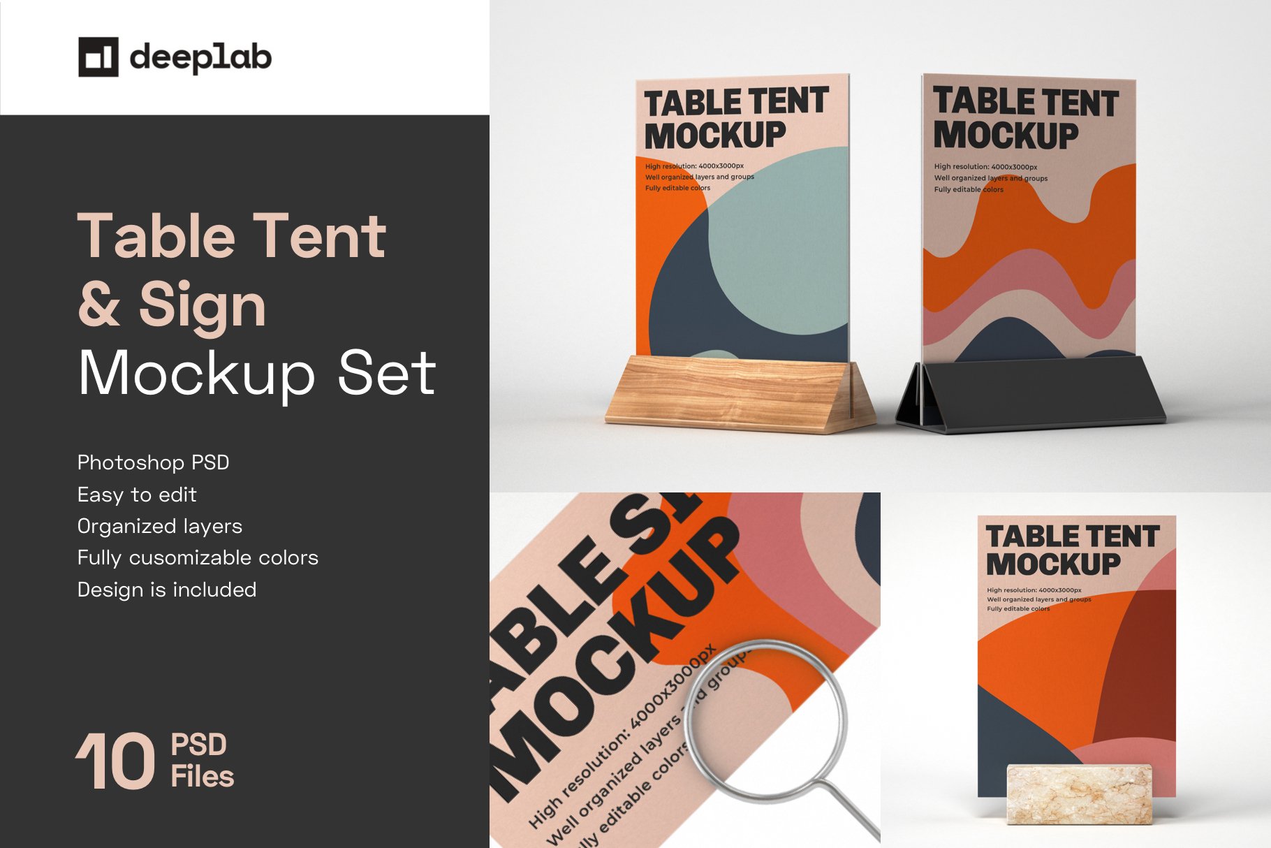 Table Tent and Sign Mockup Set 亚克力桌卡台卡立牌台签菜单餐牌设计作品贴图ps文具样机素材国外设计模板