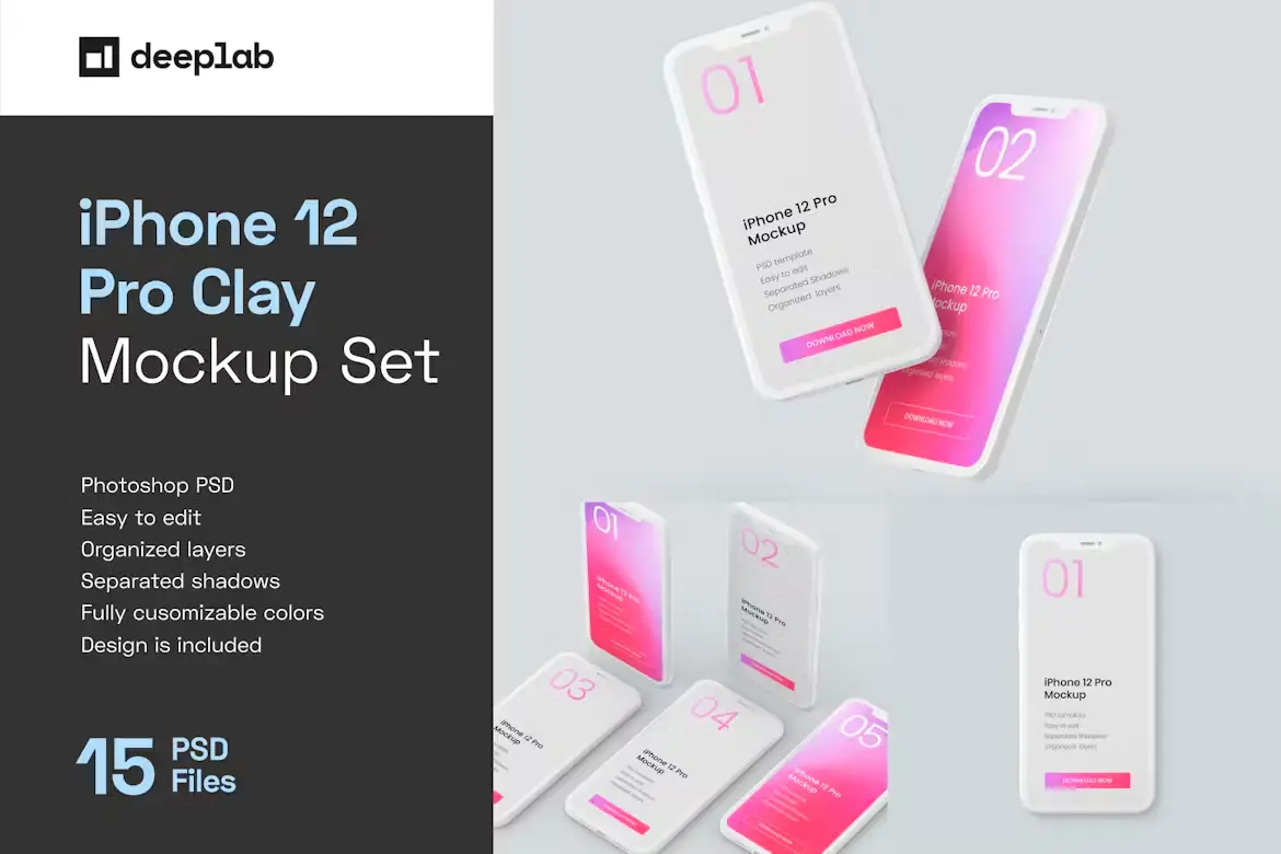 iPhone 12 Pro Clay Mockup Set 15款iPhone12单色白膜界面设计贴图ps样机素材多角度展示模板
