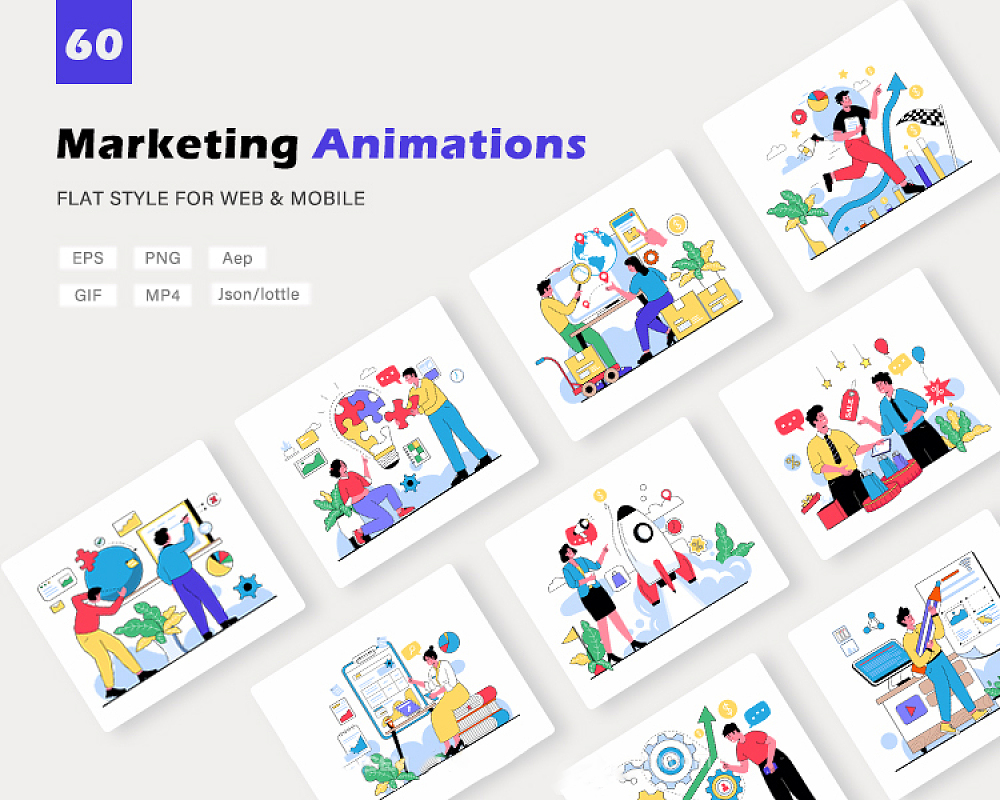 Digital Marketing Animations – Flat Concept 50幅卡通扁平风用户需求场景数据分析营销总结矢量动态插图插画图片设计素材