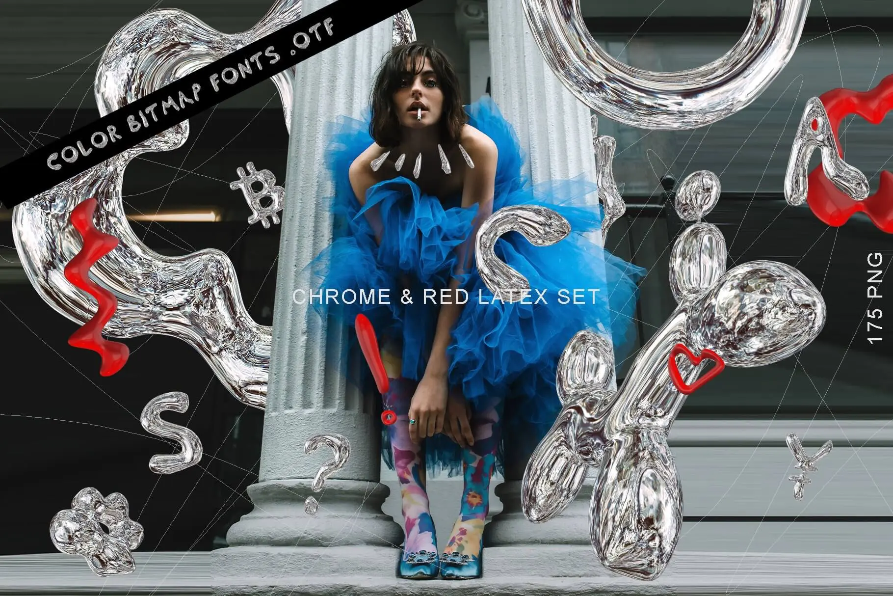 CHROME + LATEX 3D FontDuo Bitmap  抽象艺术科幻潮流金属铝箔气球3D气泡字母符号PNG免抠图片素材