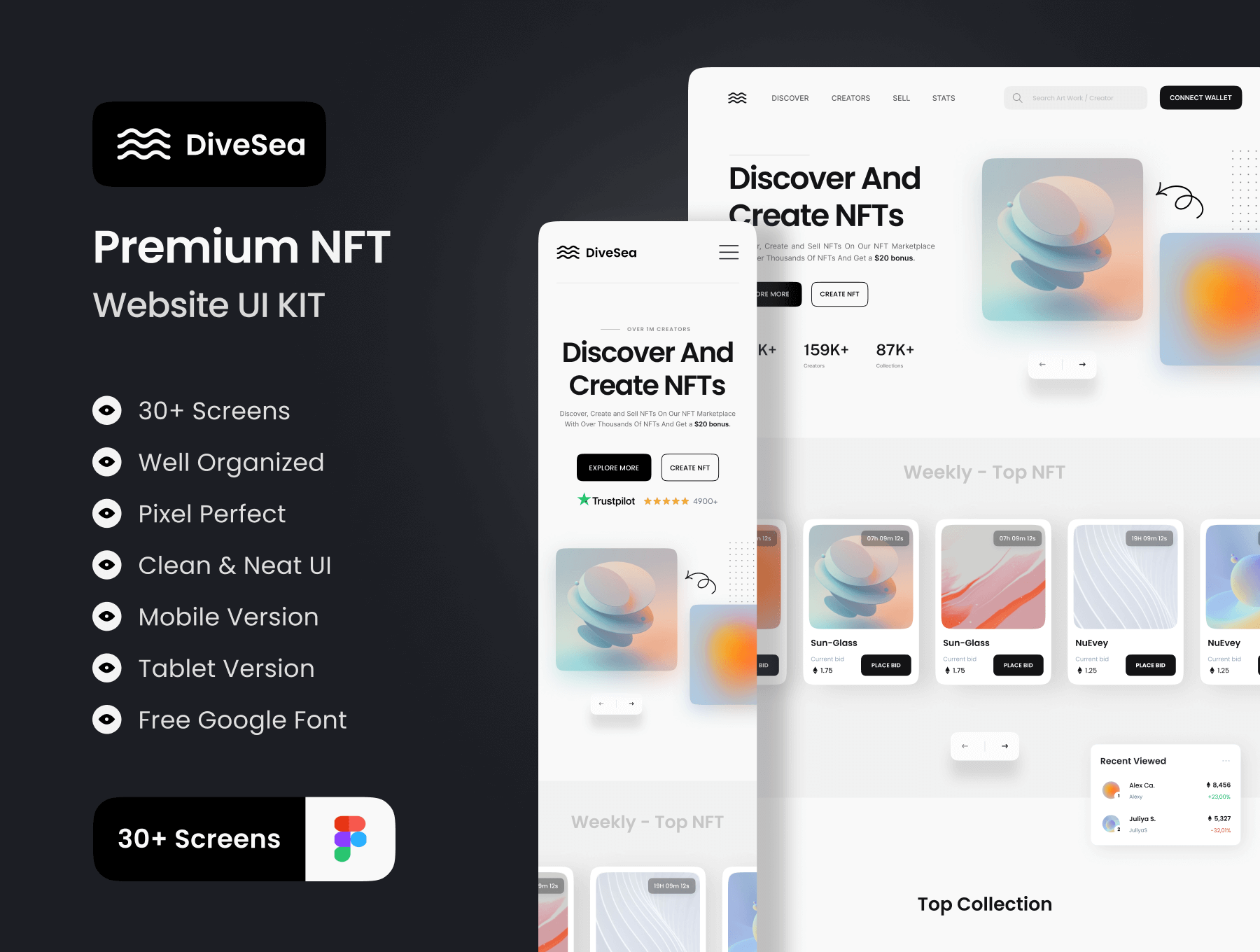 DiveSea – NFT Market Landing Page & Web UI KIT  30屏NFT虚拟数字珍藏品交易平台app网页用户界面响应式设计ui套件模板