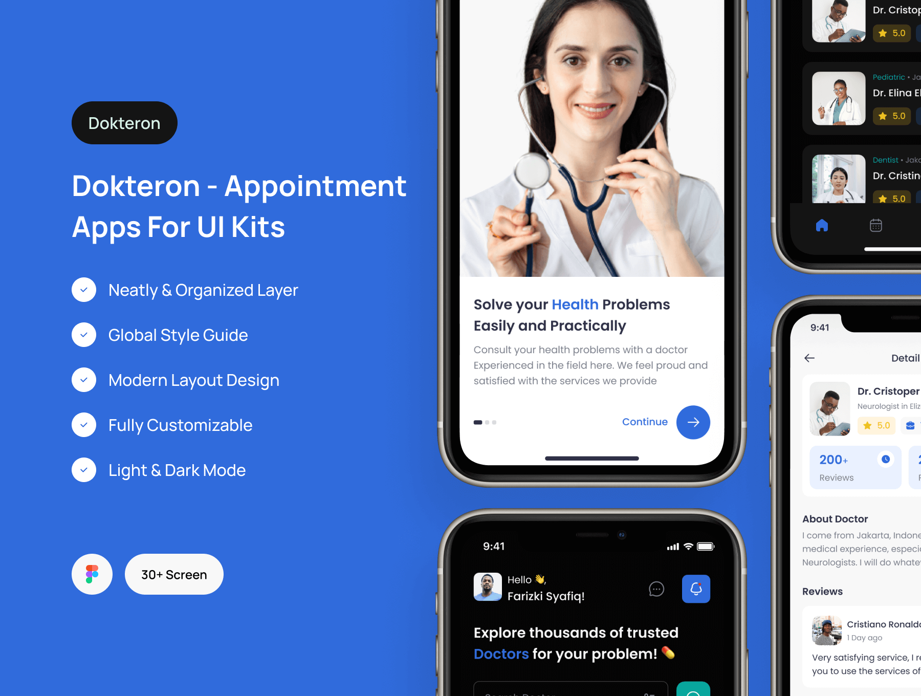 Docteron – Appointment Doctor App  30屏在线移动医疗问诊预约日程安排用户界面app设计ui套件模板