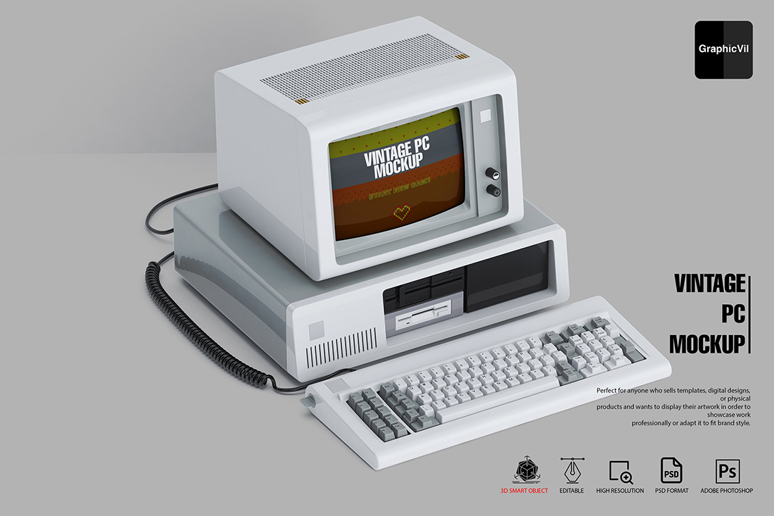 Vintage PC Mockup Part 2 IBM 5150  复古IBM5150老式台式机电脑屏幕演示PSD样机模板素材