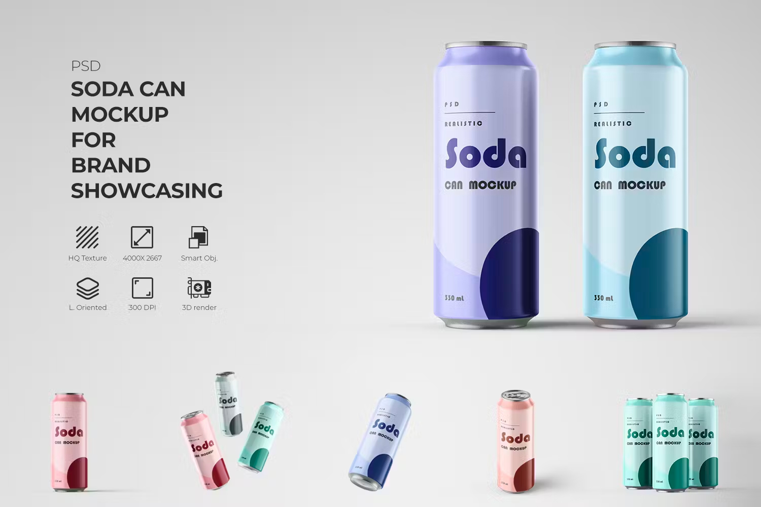 Soda Can Mockup in Studio Light  时尚330ml苏打水饮料啤酒金属锡罐易拉罐设计贴图PSD样机模板