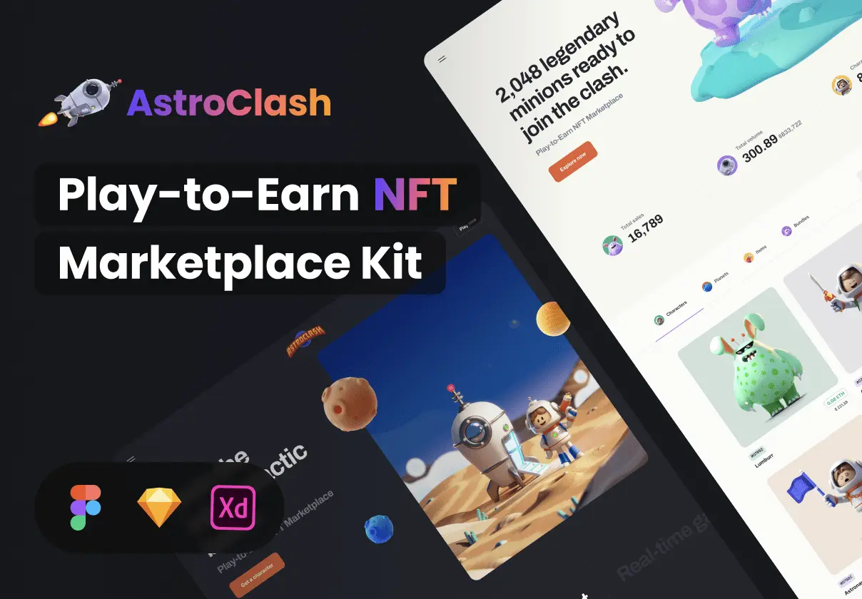 AstroClash Play-to-Earn NFT Marketplace Kit  NFT电竞游戏市场平台网页app界面ui设计套件模版设计素材源文件