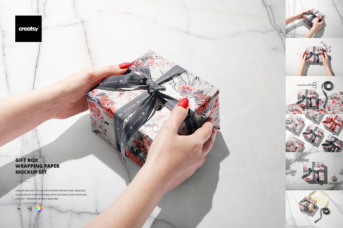 Gift Box Wrapping Paper Mockup Set 手持礼物礼品盒丝带包装纸图案印花贴图设计ps样机素材展示效果