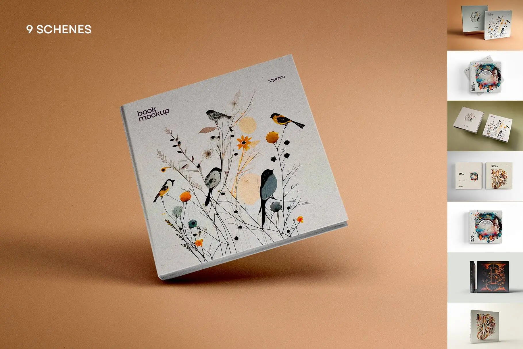 Square Book Cover Mockup Design  9款正方形硬面精装书籍画册封面设计贴图ps样机素材展示效果图