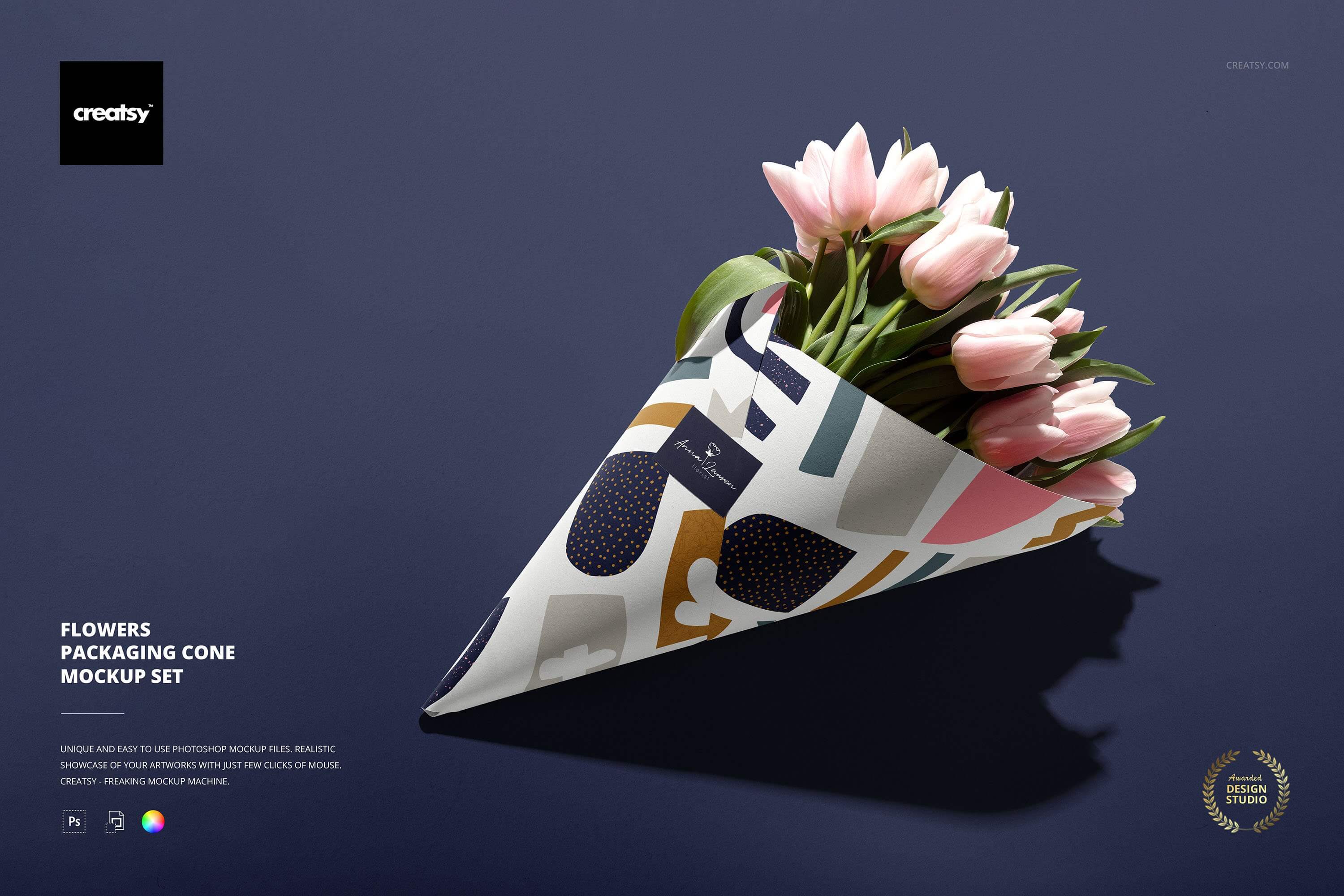 Flowers Packaging Cone Mockup Set  花店鲜花包装材料花艺花束包装纸图案设计ps样机素材展示效果模板