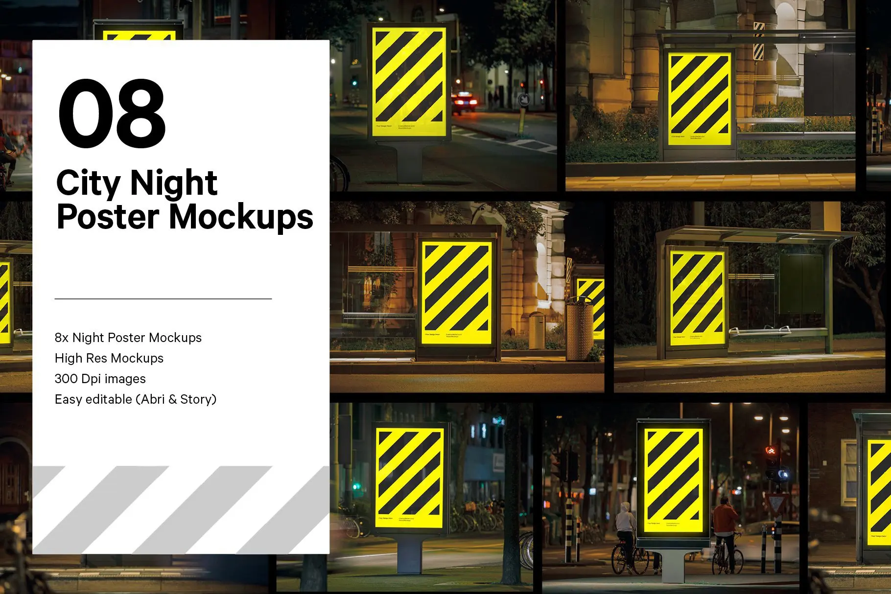 8x Night City Poster Mockup Bundle  8款城市街头车站灯箱广告牌海报设计贴图ps样机素材场景展示效果