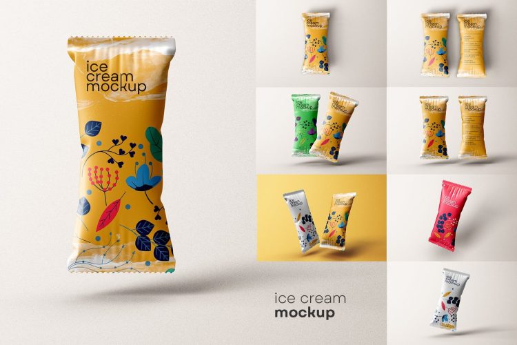 Ice Cream Packaging Mockup Design 冷饮雪糕冰棍棒冰零食产品包装袋设计贴图ps样机素材展示效果图