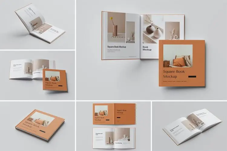 Square Book Mockup 正方形硬面精装书籍画册封面内页设计贴图ps样机素材展示效果图