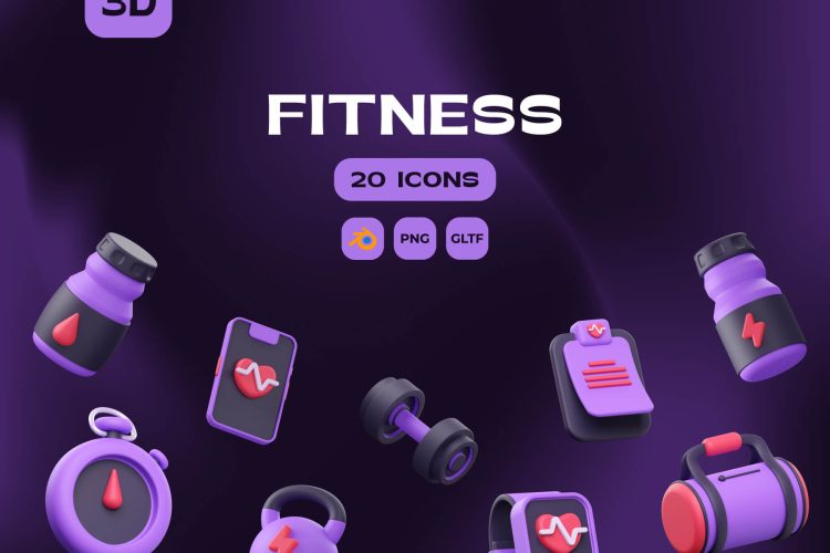 Fitness 3D Illustrations  20款健身锻炼器械营销演示3D图标icon设计素材png免抠图片