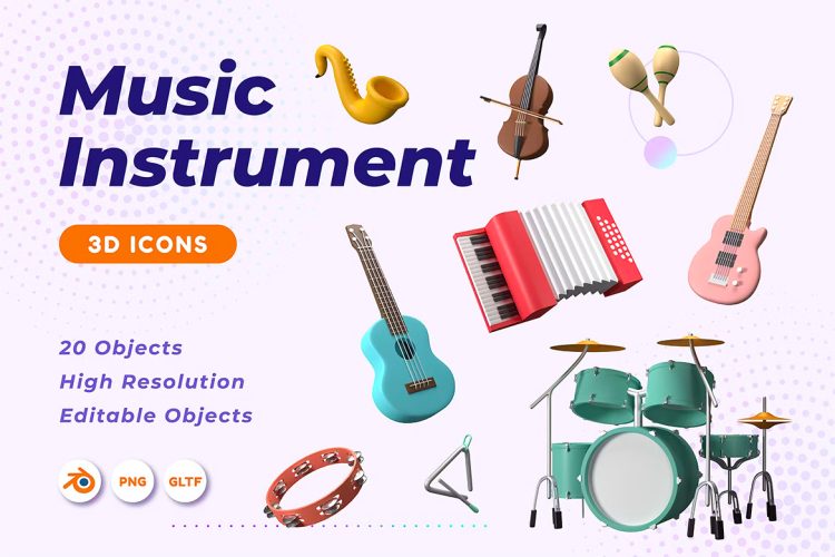 Belius – Music Instrument 3D  20款3D立体卡通架子鼓沙克斯大提琴吉他app网页icon图标png免抠图片素材