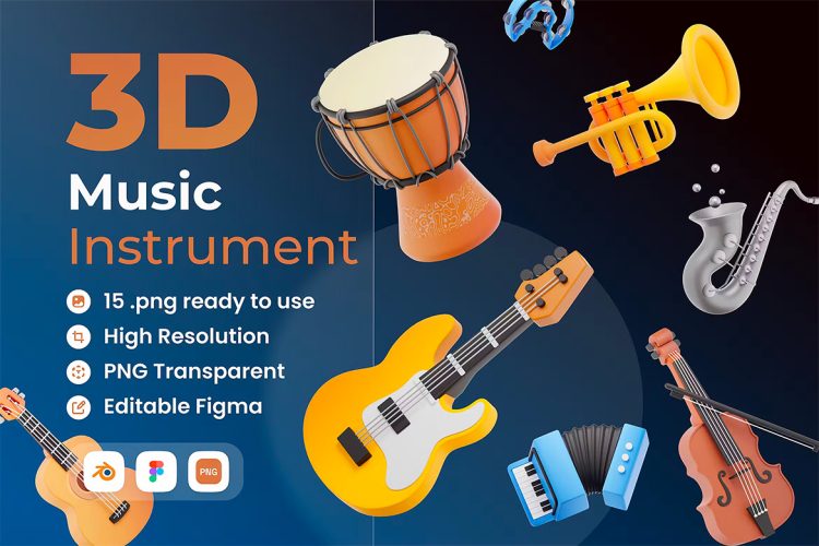 Music Instrument 3D Illustration  15款3D立体卡通音乐小提琴吉他贝斯手风琴app网页icon图标png免抠图片素材