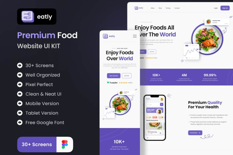 Eatly – Food Delivery Landing Page & Web UI KIT  30屏美食预订外卖配送平台app网页界面响应式设计ui套件模板