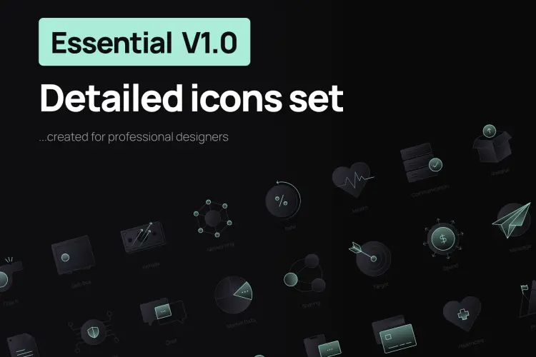 Essential V1.0 Detailed Icons Set 68个暗色夜光互联网app网页常用矢量小图标icon设计素材