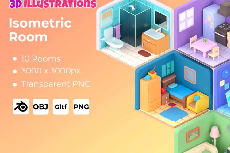 3D Isometric Room  10款3D等级房间布置摆设插图插画png免抠图片设计素材
