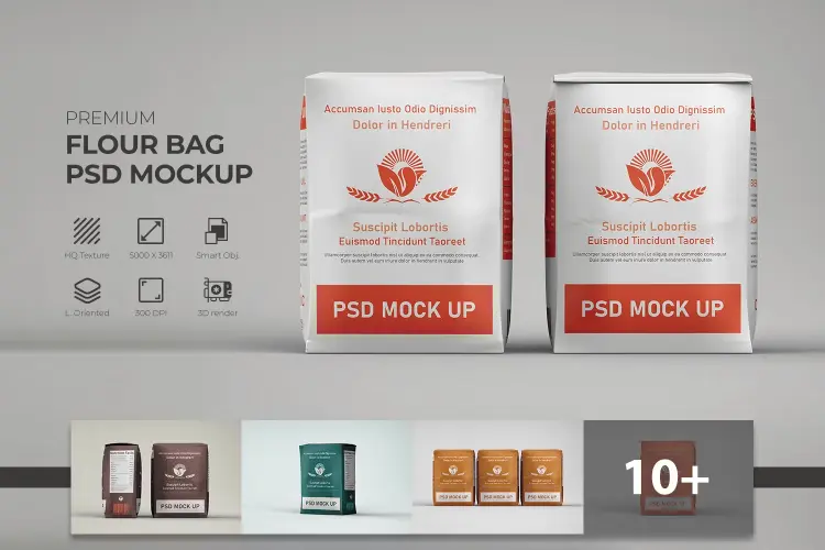 Flour Bag Packaging Mockup  14款长方形面粉袋包装袋模型logo标识设计贴图ps样机素材模板