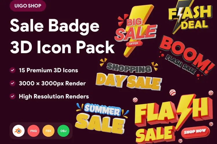 Sale Badge 3D Word Icon  15款电商购物节促销打折营销优惠活动3D图标icon素材webp免抠图片