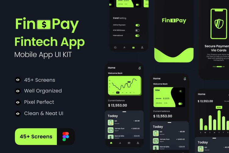 Finopay – Fintech Mobile App UI KIT 45屏金融科技财务管理移动app设计iOS用户界面绿色深色ui套件