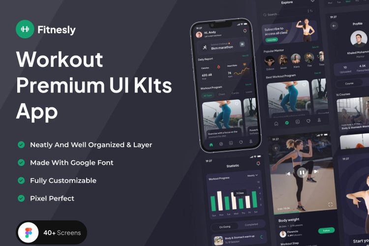 Fitnesly – Workout Premium UI KIts App  40屏在线运动锻炼教学iOS用户界面设计健身课程手机app ui设计模板