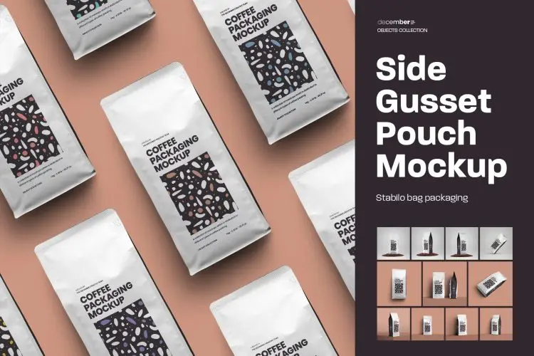 Side Gusset Pouch Coffee Mockups 12款真空自立自封袋咖啡豆产品包装设计贴图ps样机素材展示效果图