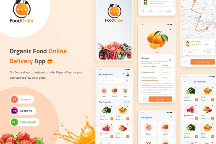 Food Order – Grocery Application UI kit  37屏在线商城食品美食外卖预订配送app用户界面设计橙色ui套件