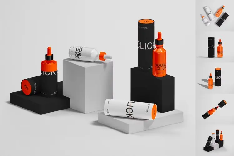 Glass Bottle and Paper Tube Mockup Set  6款玻璃精油分装滴管瓶纸筒产品包装设计ps样机素材展示效果图