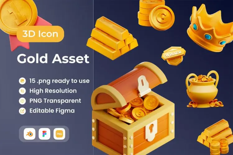 Gold 3D Illustration  15款金色竞技卡通对战游戏类3D图标icon素材webp免抠图片