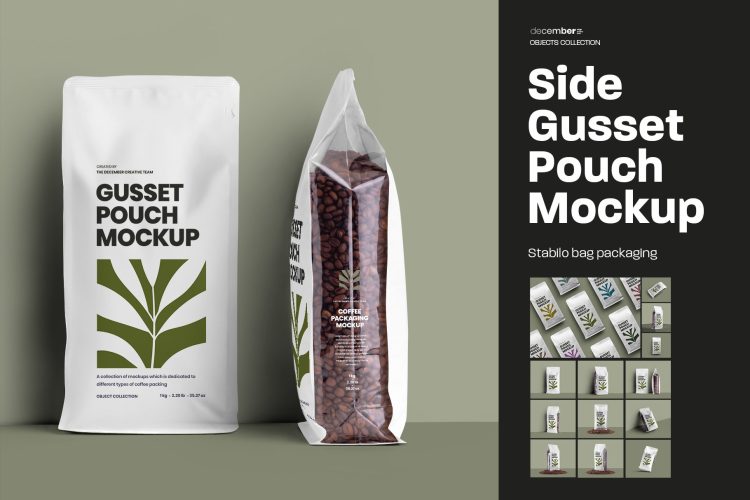 13 Mockups Side Gusset Coffee Bag  13款透明开窗自立袋咖啡豆产品包装设计贴图ps样机素材展示效果图