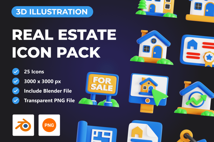 Real Estate 3D Icon Pack 25款高质量房地产APP界面设计3D立体图标icons设计素材Blender模型合集