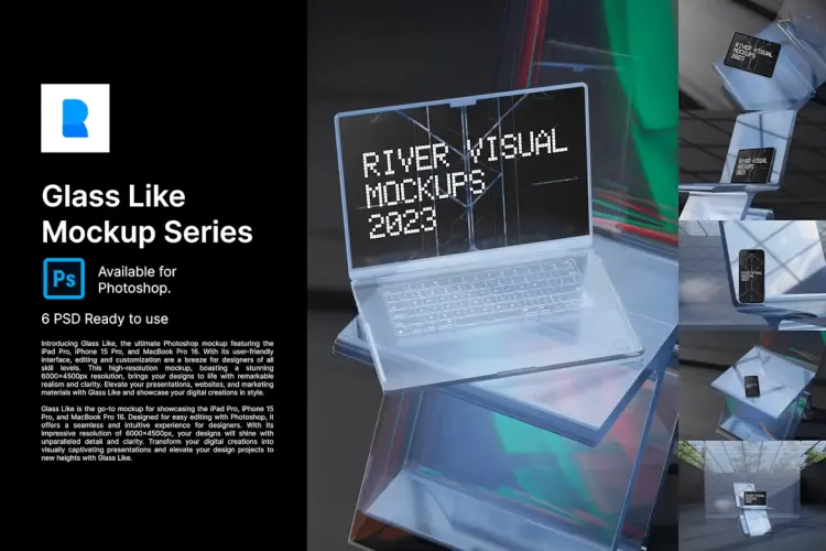 Glass Like Mockup Series 未来科幻玻璃场景苹果Macbook Pro 16苹果版电脑iPad手机iPhone14样机模板素材