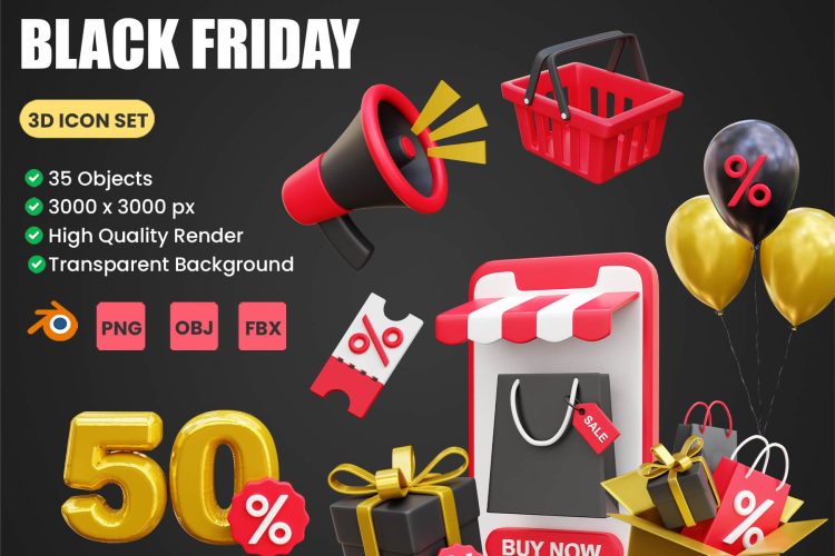 Black Friday 3D Icon Illustrations  35款黑色星期五电商营销促销插图3D图标Icons设计素材合集