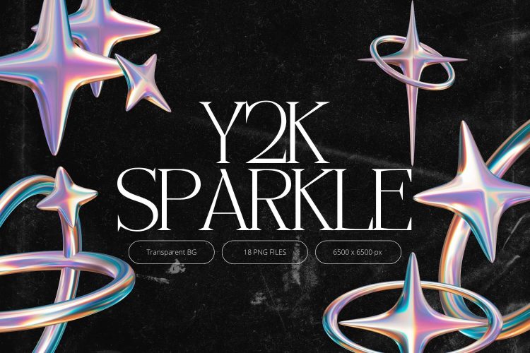 Y2K Sparkle Elements 18款复古全息镀铬金属Y2K酸性抽象星星几何图形png免抠图片素材