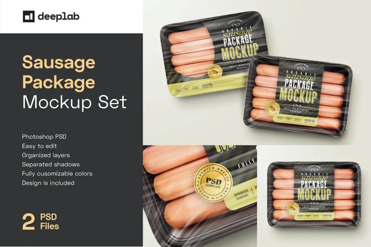 Sausage Package Mockup Set 香肠火腿肠大红肠熟食产品包装设计贴图ps样机素材展示效果模板