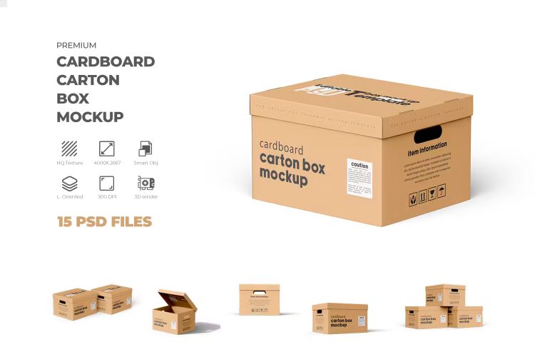 Cardboard Carton Moving Box Mockup  15款天地盖打包收纳纸箱纸盒包装设计贴图ps样机素材展示效果图