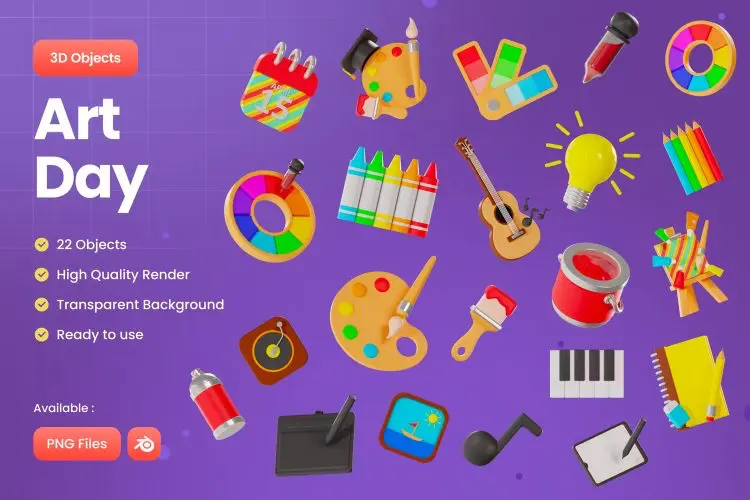 World Art Day 22款艺术家颜料图画调色工具3D图标icon设计素材webp免抠图片