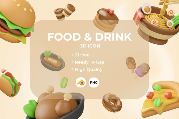 Food & Drink 3D Illustration 21款3D卡通汉堡薯条快餐甜品美食插图插画png免抠图片设计素材